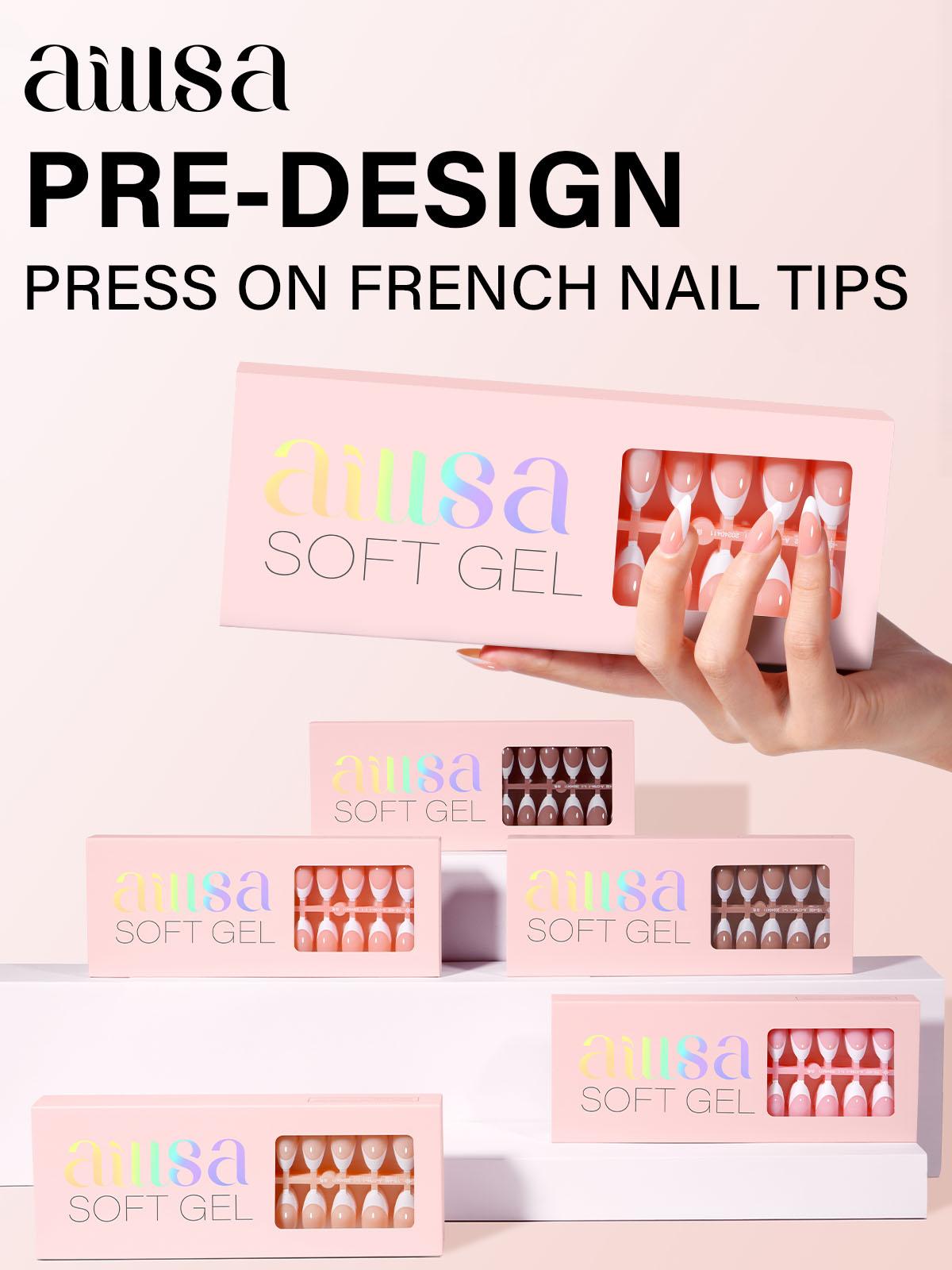 Aillsa Almond French Tip Nails Set - 180pcs Classic Nude Soft Gel Nail Tips in 15 sizes, Mini UV Lamp, Base coat and Top coat, Easy to Wear Soak Off Acrylic Fake Nails Extensions DIY press Nail Art at home Birthday Gift For Women gel nail nail glue