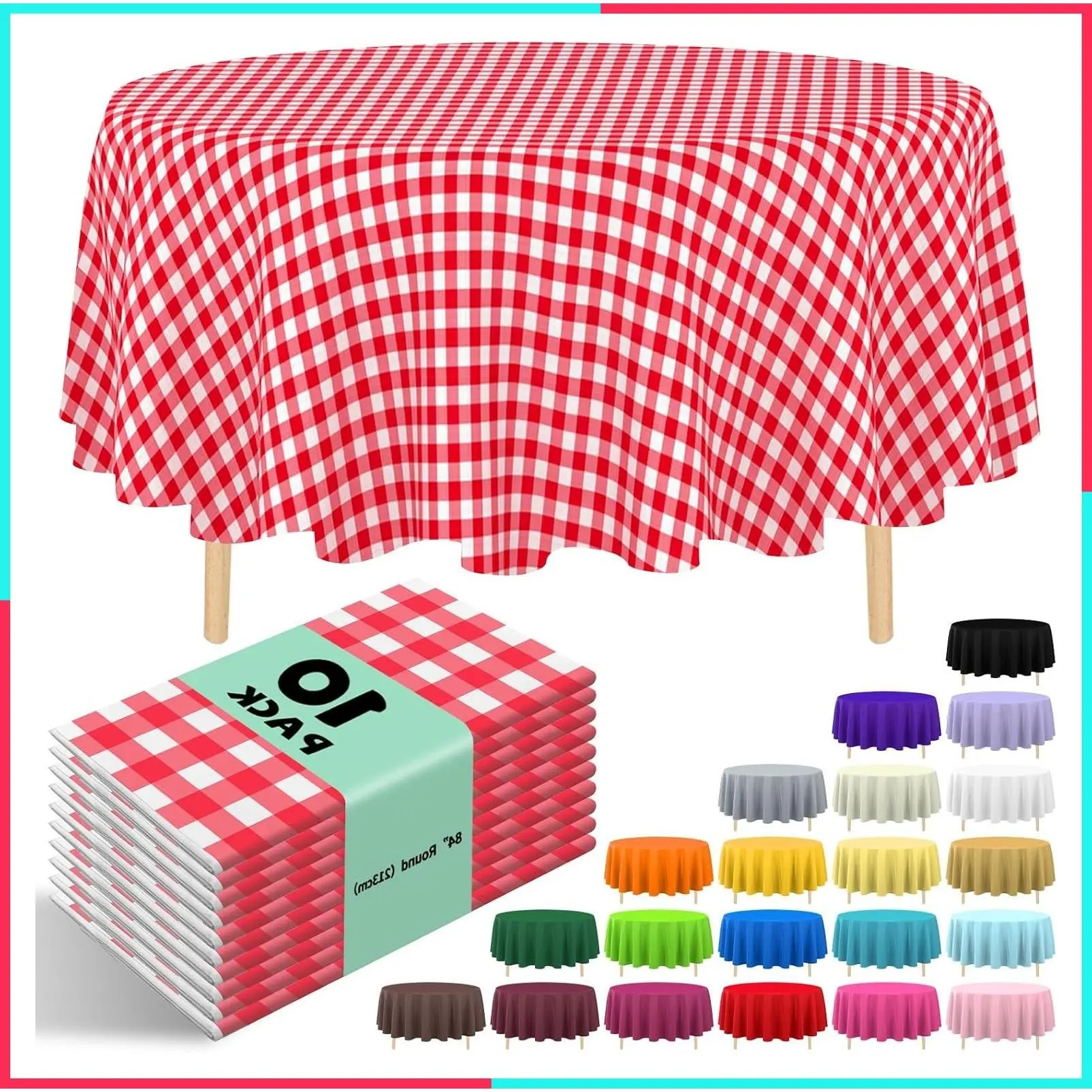 10 Pack Premium Disposable Plastic Tablecloth 84" Round Table Cover for Birthdays Weddings Christmas Anniversary Buffet Table (Red Checkered)