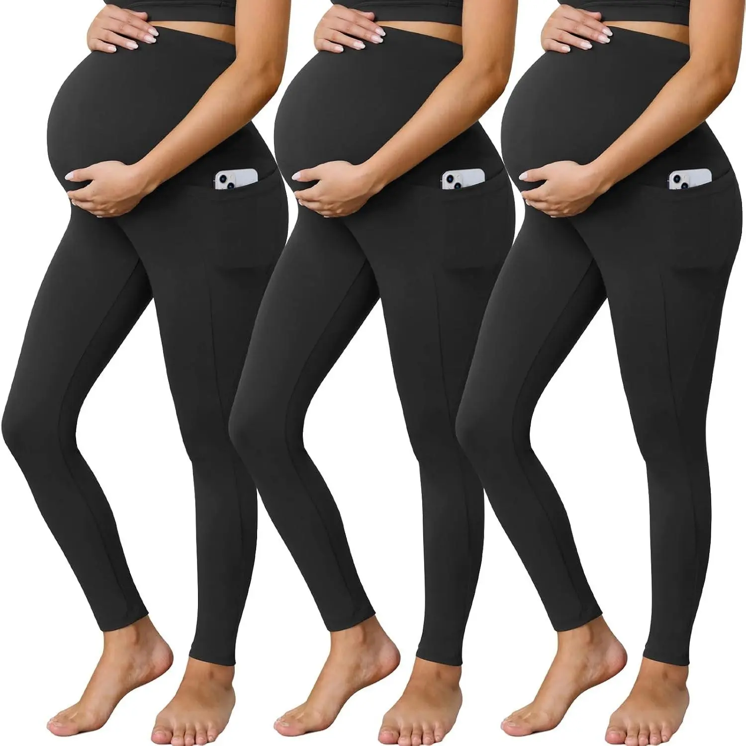 3 Pack Maternity Leggings with Pockets | Silky-soft, Suitable Thickness, Ultimate Comfort, Yoga, Elastic Band, U-shaped Belly, Pregnancy and Postpartum