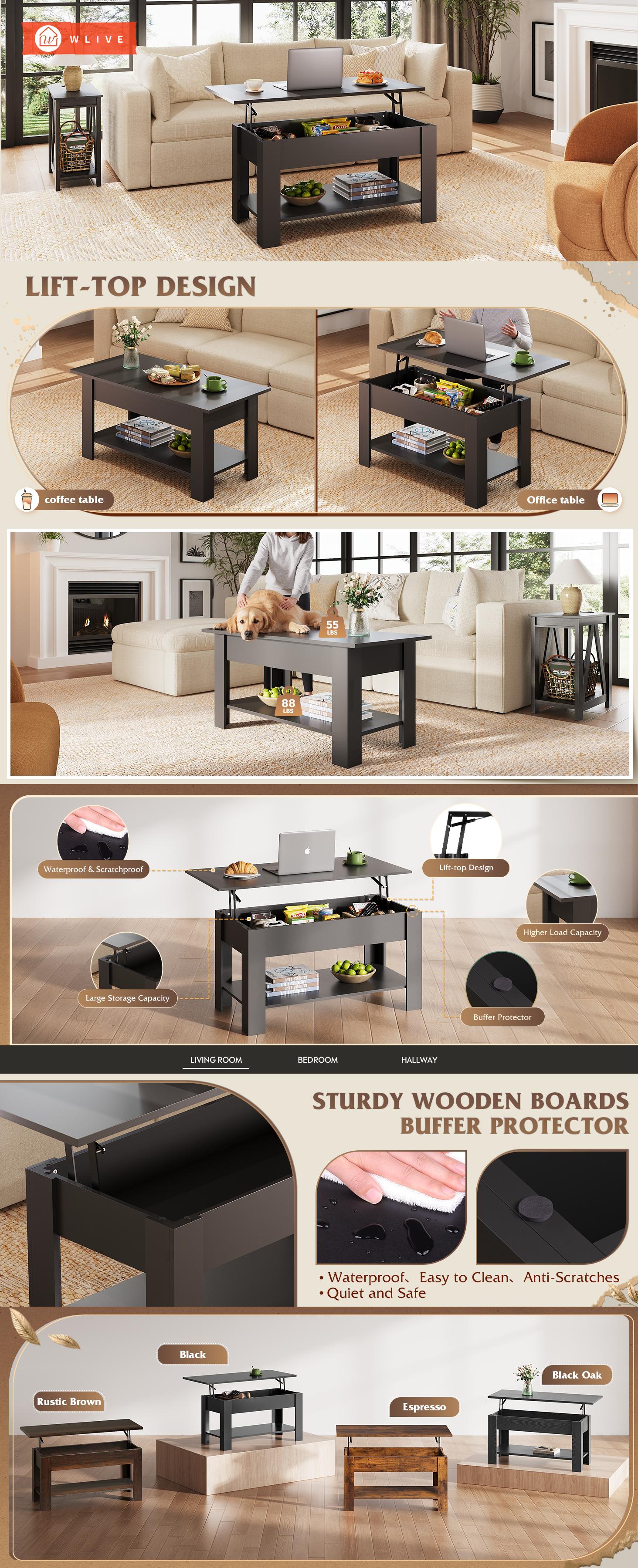 WLIVE Coffee Table, 39" Lift Top Coffee Table with Hidden Compartment, Storage Shelf and Lifting Top for Home Living Room, Office and Reception Room