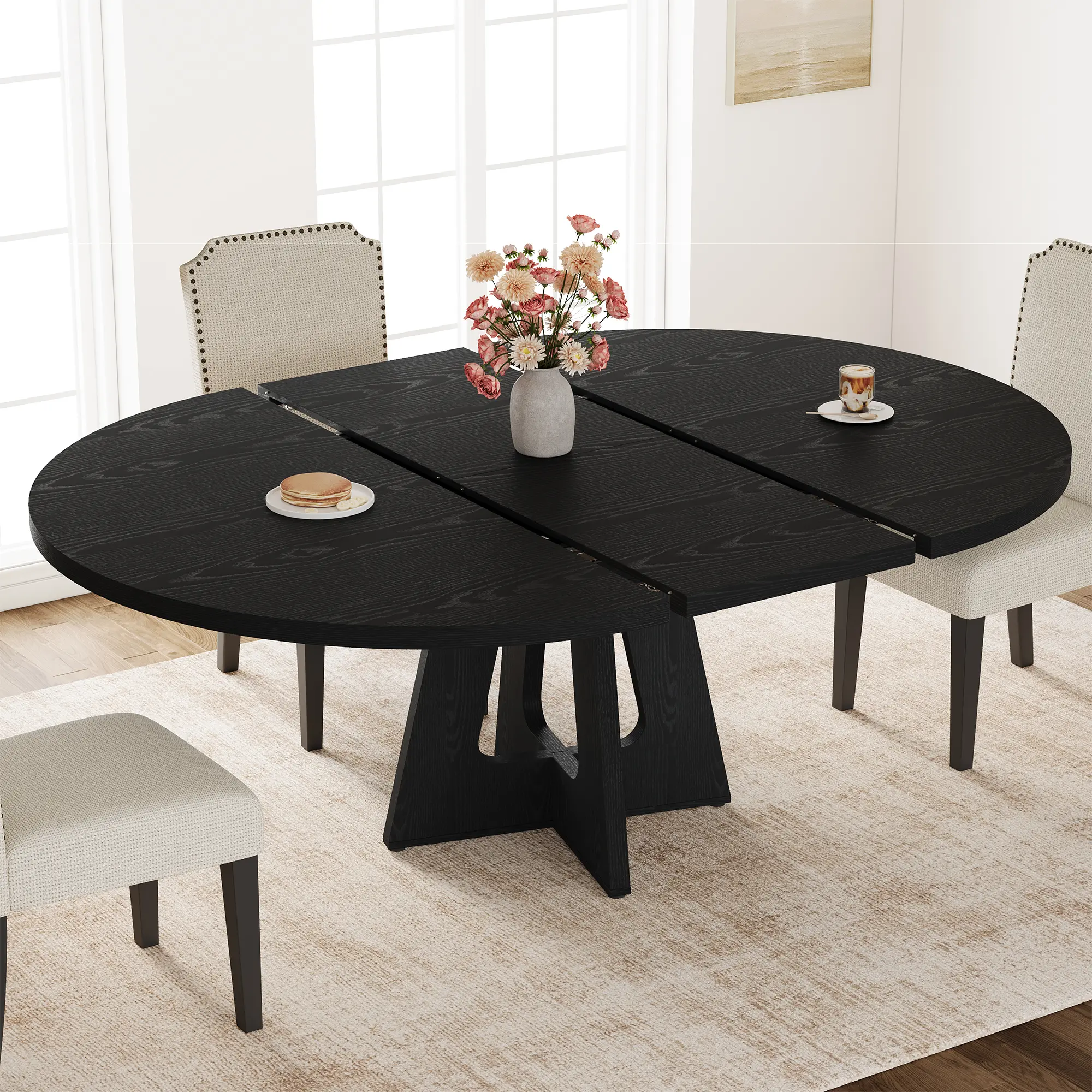 Space-Saving Extendable Round Dining Table – Modern MDF Tabletop with Durable Metal Frame – Adjustable, Multi-Functional Design – appropriate for Kitchen, Dining Room, or Living Room