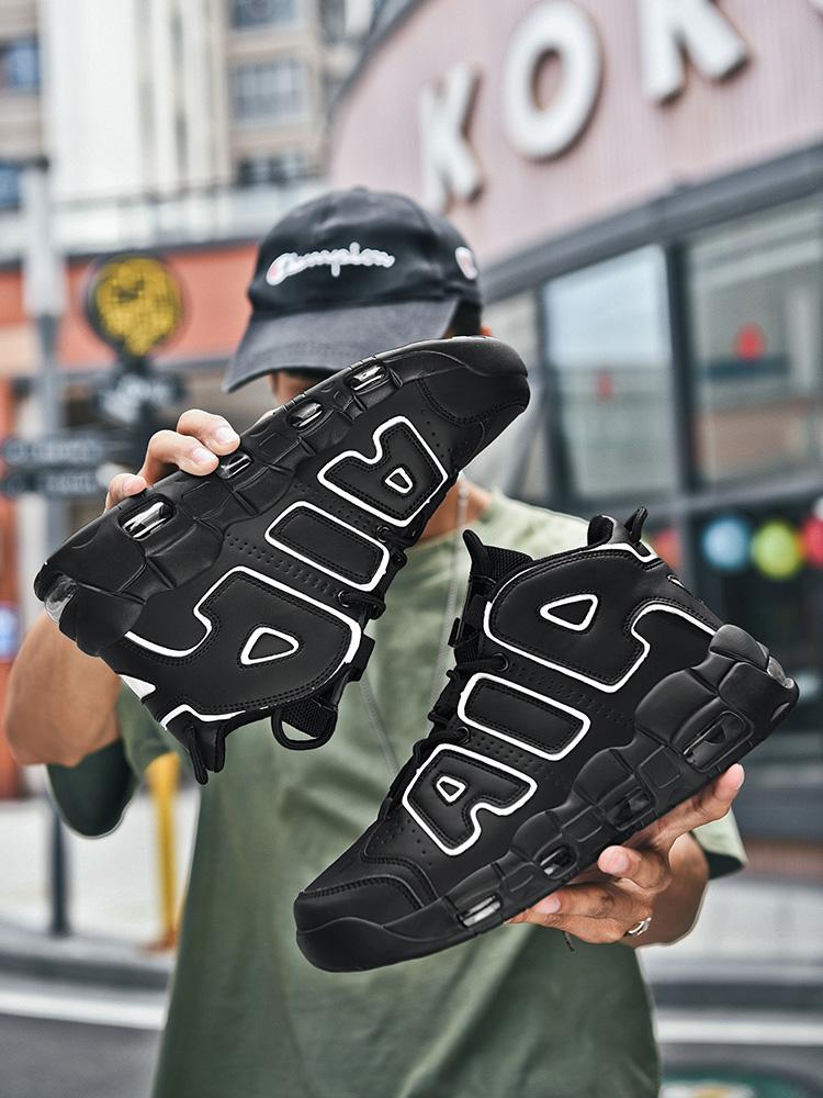 Men'S Casual High-Top Sneakers, Air Cushioned Design Basketball Shoes, Trendy Fit, PU Leather Upper, Rubber Sole, All Seasons, Medium Width, Above Ankle