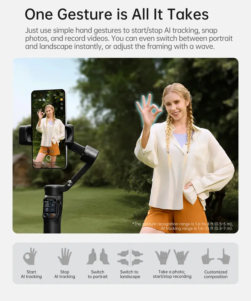 Product Introduction of hohem iSteady V3 Ultra Gimbal,Detachable Touchscreen Remote,Advanced AI Tracking with any App,360° Infinite Pan Tracking,Select People&Obeject on Touchscreen to Track,3-Color Fill Light,3-Axis Stabilization, Compatible with most iPhone&Android series 5