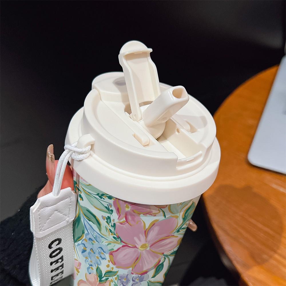 Abstract Hand-Painted Lotus Coffee Cup, Portable Dual Drink Insulated Tumbler, Keeps Hot/cold, Boho Style, Ideal for Office, Travel, Sports