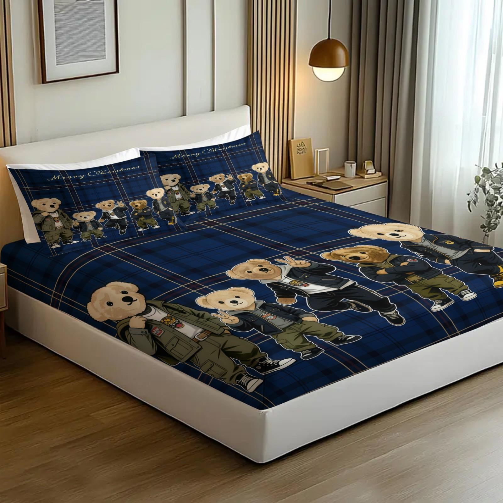 Teddy Bear Pattern Bed Sheet, Comfortable Printed Pattern, Includes 1 Bed Sheet and 2 Pillowcases, Comfortable Bedding, Non slip Dust Cover Suitable for Bedroom and Guest Room, Suitable as a Gift for Children or Adults