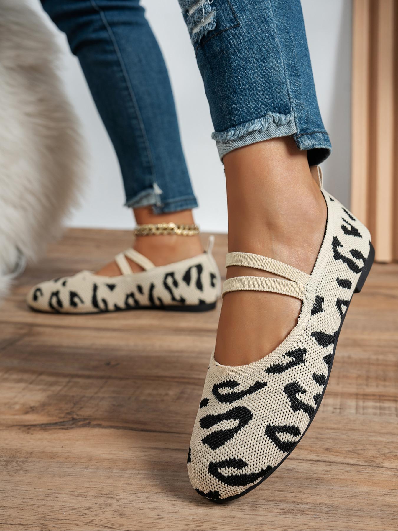 Women's Fashion Knitted Leopard Print Casual Trendy Flat Shoes, Elegant Versatile Basic Design, Comfortable Large Size, Suitable for Home and Outdoor