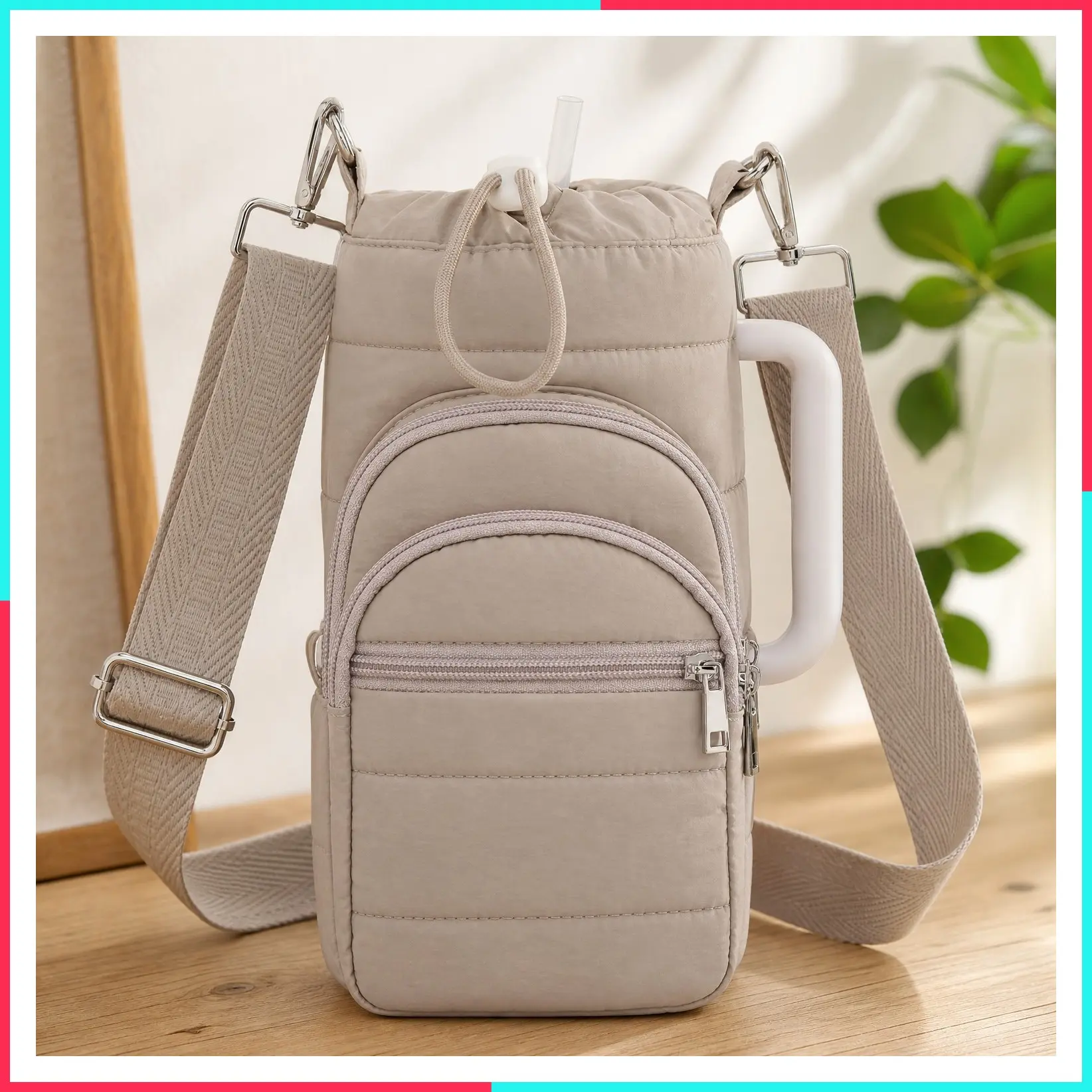 Quilted Lightweight Crossbody Water Bottle Holder with Strap for 40/32 oz Bottles, RFID Phone Pocket, Hands-Free Sling Carrier Bag for Gym, Hiking, Walking, Travel