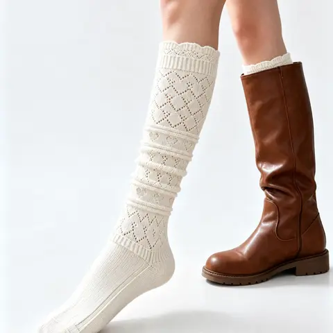 Women's Vintage Over-The-Knee Socks, Lace Pattern Mid-Calf Socks with Ruffled Ankles, Soft Elastic Leg Warmers, Fall Winter Fashion Accessories