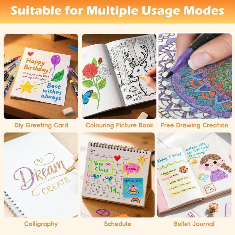 24/48/72/96 Colors Glitter Effect Brush Markers,Dual Tip Dual Color 1-5mm Soft Brush Shimmer Marker for Doodle Writing, Glitter Art Crafts Adults DIY Crafts Greeting Christmas Cards Making Art Supplies, Art Drawing Supplies