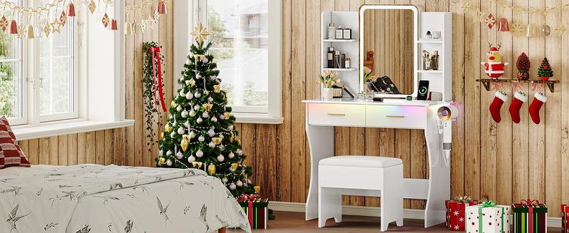 Led Light Makeup Vanity Desk with Lighted Mirror & Power Outlet,  Makeup Vanity Table Set with Storage Drawers & Chair, 3 Lighting Color Adjustable