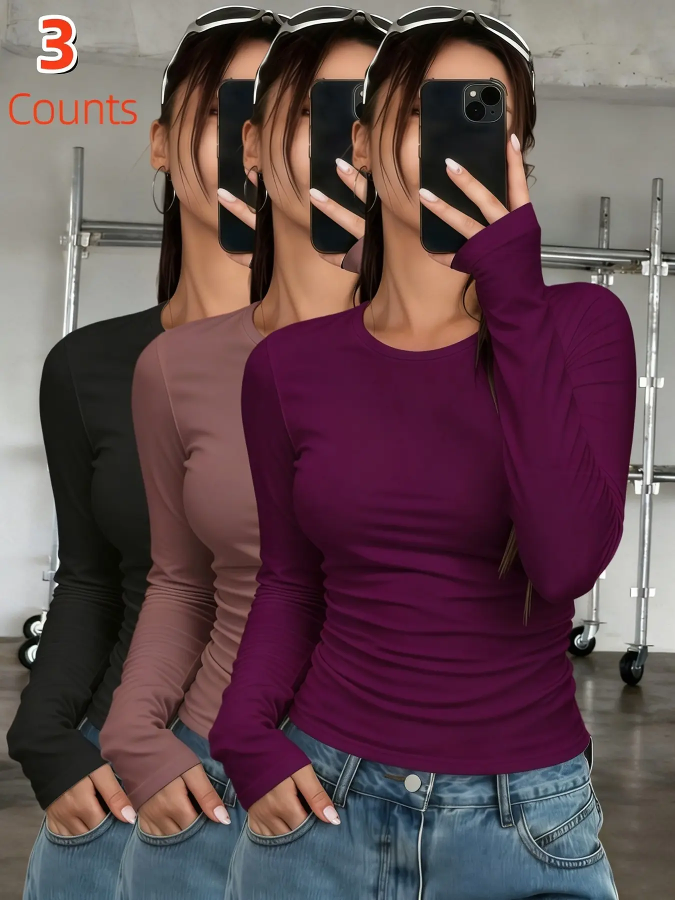 3-Pack Women's Solid Color Thermal Underwear Tops, Classic Casual Crew Neck Long-Sleeve Base Layers for Autumn & Winter, Running Hiking Activewear for Outdoor Activities