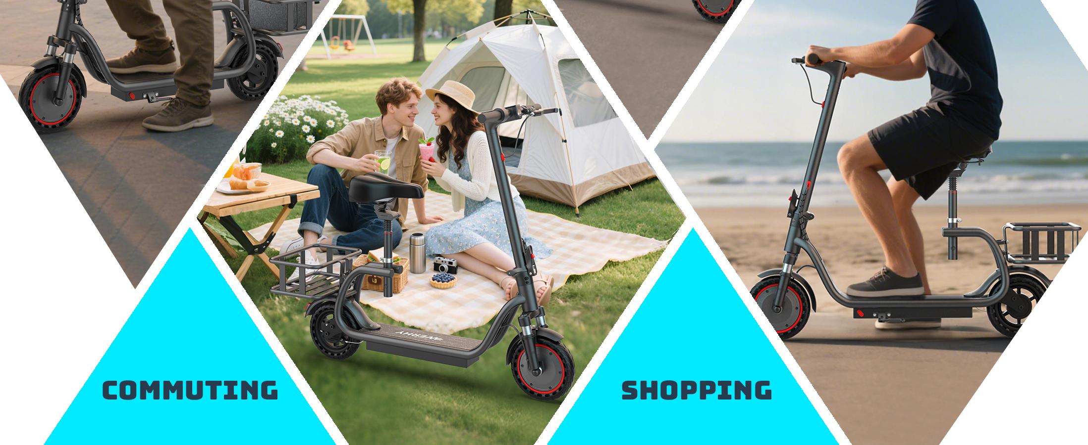 AOPO Electric Scooter with Seat, 350W motor, 36V battery, top speed 19mph. Foldable design with APP control, dual brakes, and dual suspension. Ideal for commuting, campus rides, and short city trips. SpringStatements