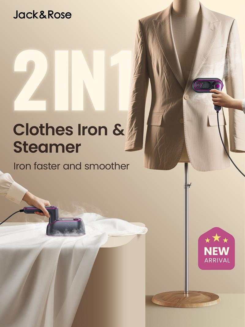 Jack&Rose Newest 2-in-1 Steam Iron & Clothes Steamer - Handheld Portable Garment Wrinkle Remover, Fast Heat-Up, Large Soleplate, 150ml Water Tank - Lightweight for Home, Travel, and Office Use