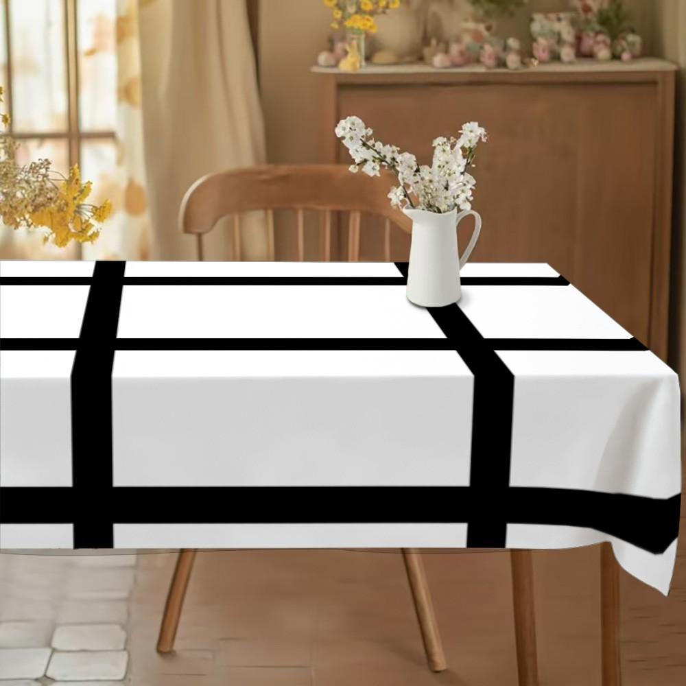 Rectangular White Tablecloth with Black Grid, Polyester Material, Waterproof & Oil - Resistant, Suitable for Home & Outdoor Use, Minimalist Style, Ideal for Wedding, Holiday, Birthday & Thank You Gifts, Cozy Dining Area Decor