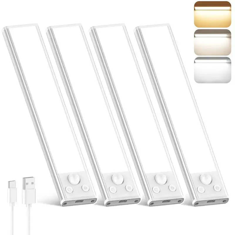 4-Pack Rechargeable LED Under Cabinet Closet Lights - Low Profile, 3 Color Modes, Dimmable, Motion & Human Body Sensor, LED Light Strip, Home Accent Light for Kitchen, Bedroom