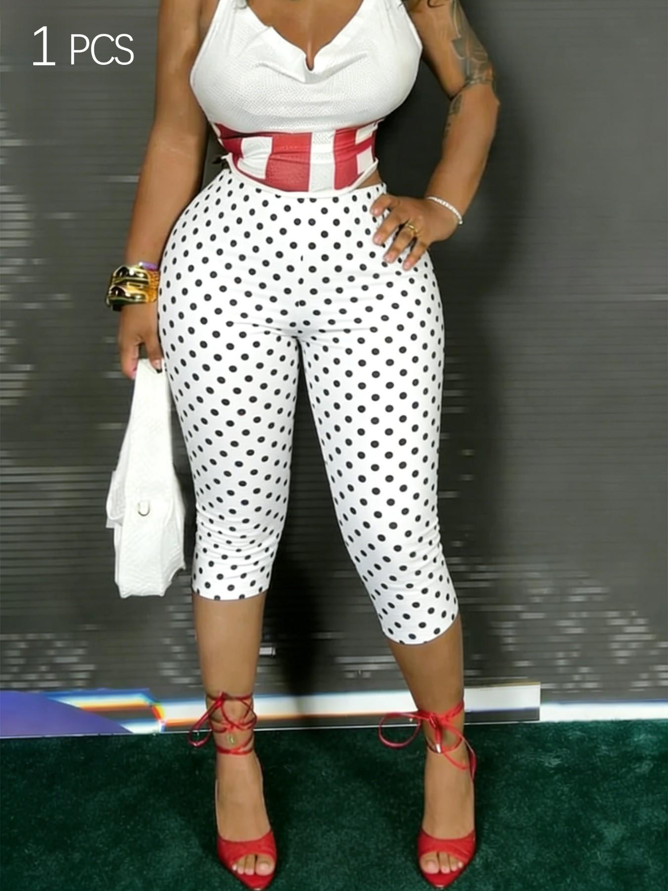 Women's High-Waisted Polka Dot Capri Pants, Slim-Fitting Knee-Length, Casual Style, Perfect for Parties, Nightclubs, and Streetwear