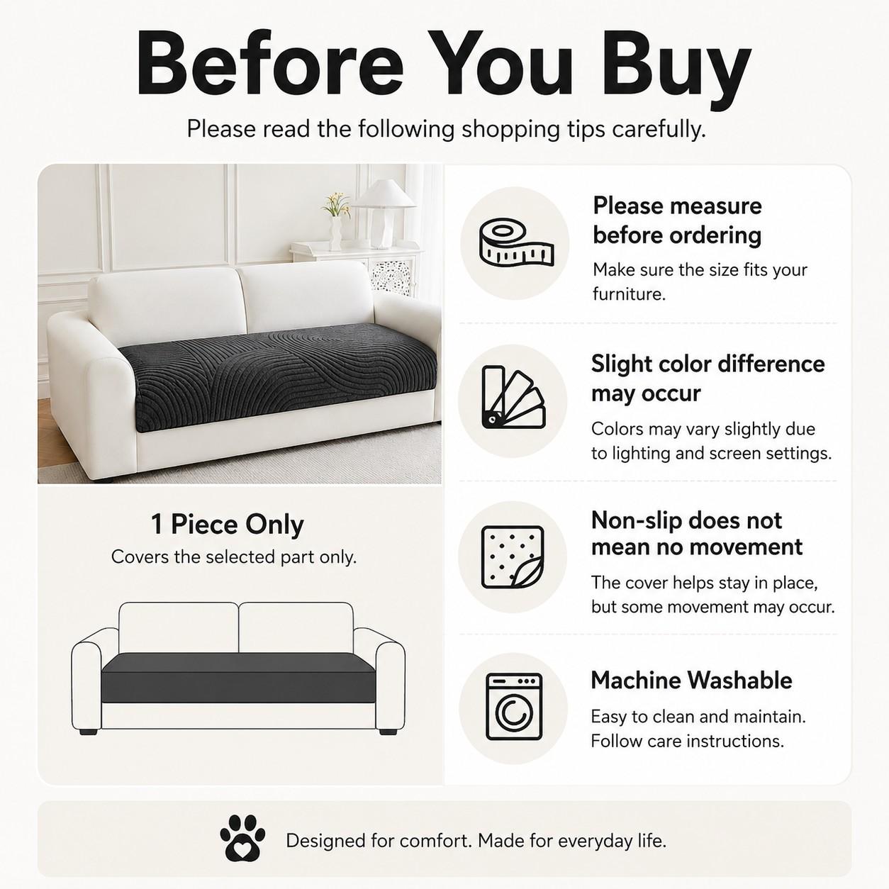 Pet Friendly Sofa Covers, Thick Ribbed Couch Protector, Non Slip Machine Washable Seat Cushion, Sofa Covers Available in Multiple Colors, Cozy Sofa Cover for Living Room Bedroom, Fits 1/2/3/4 Seater Sofas, Removable Washable Slipcovers