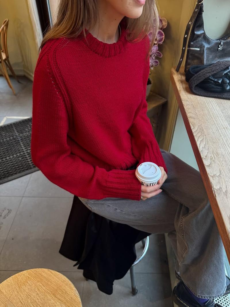 Pure Color Casual Round Neck Sweater Knitwear, Daily Commute Style, Thin Fabric,  Fall & Winter Wear, Women's Fashion