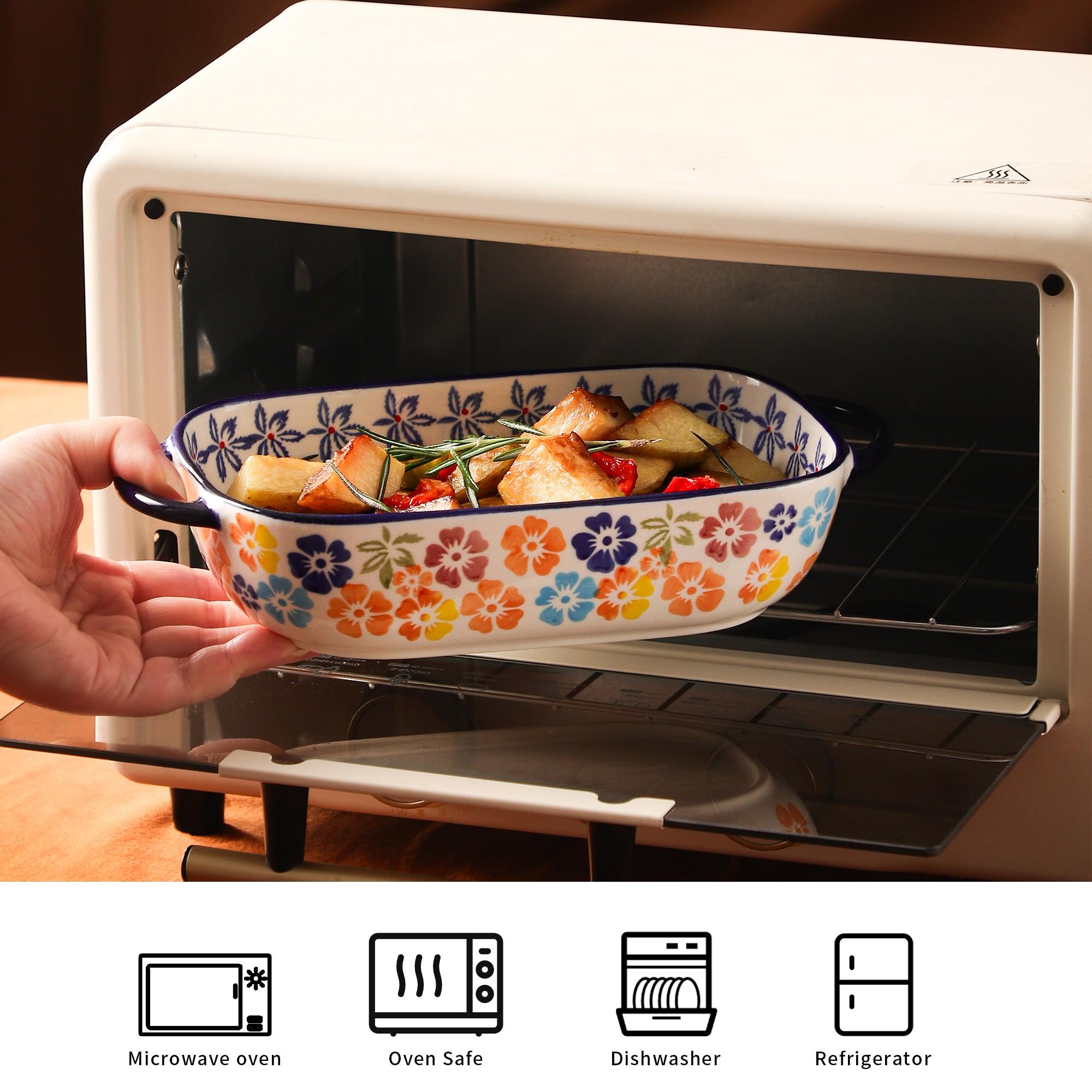 Vintage Ceramic Baking Tray, Heat Resistant Bakeware, Rectangle Fruit Bowl & Cheese Baked Rice Serving Dish, Ideal for Oven & Microwave Use at Home, Thermal Casserole Dish