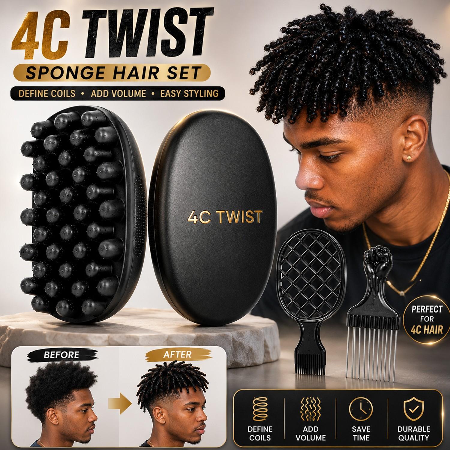 Men’s 4C Twist Curl Styling 3-Piece Set, Hair Styling Tools, 4C Hair Sponge Brush Kit with Hair Pick, Curl Comb & Texture Comb, Designed for Curly Hair, Defined Coils, Wave Patterns, Natural Short Hair Styling, Volume Control & Clean Textured Looks
