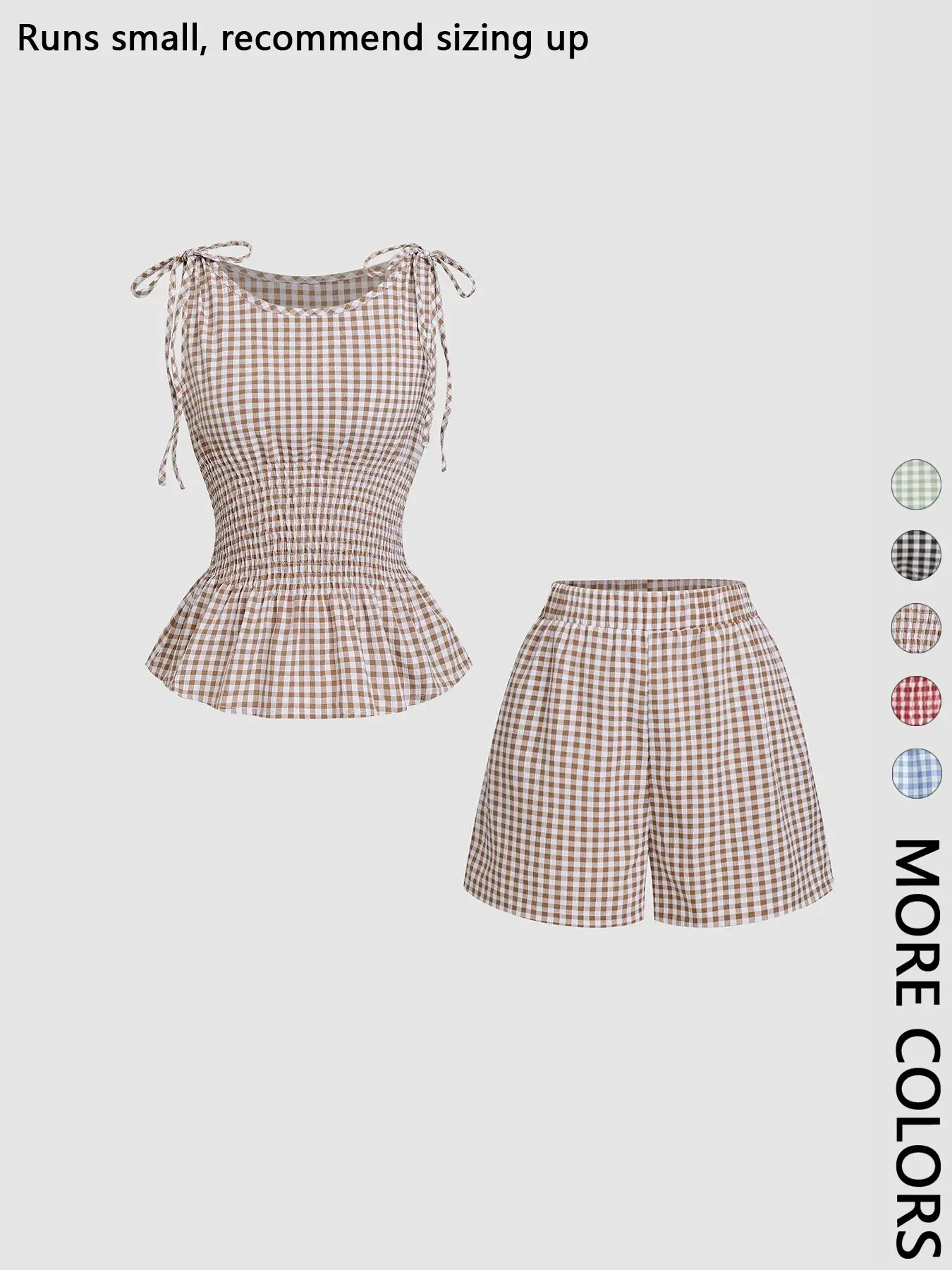 2 Piece Women's Gingham Woven Fitted Adjustable Tie Shoulder Straps Smocked Waist Peplum Tank Top & Shorts Matching Set, Sleeveless Top Set, Elastic Waistband, Breathable Lightweight Fabric for Daily Vacation Home Leisure