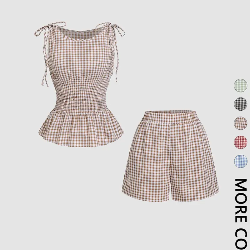 2 Piece Women's Gingham Woven Fitted Adjustable Tie Shoulder Straps Smocked Waist Peplum Tank Top & Shorts Matching Set, Sleeveless Top Set, Elastic Waistband, Breathable Lightweight Fabric for Daily Vacation Home Leisure