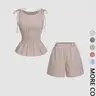 2 Piece Women's Gingham Woven Fitted Adjustable Tie Shoulder Straps Smocked Waist Peplum Tank Top & Shorts Matching Set, Sleeveless Top Set, Elastic Waistband, Breathable Lightweight Fabric for Daily Vacation Home Leisure