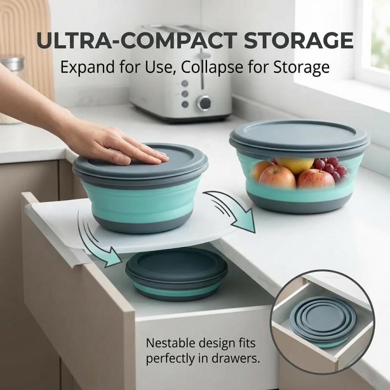 3-Piece Collapsible Silicone Bowl Set with Leak-Proof Lids, BPA-Free Stackable Food Storage Containers, Space-Saving Design, Great for Meal Preparation, Camping, Travel, Picnic and Daily Kitchen Storage