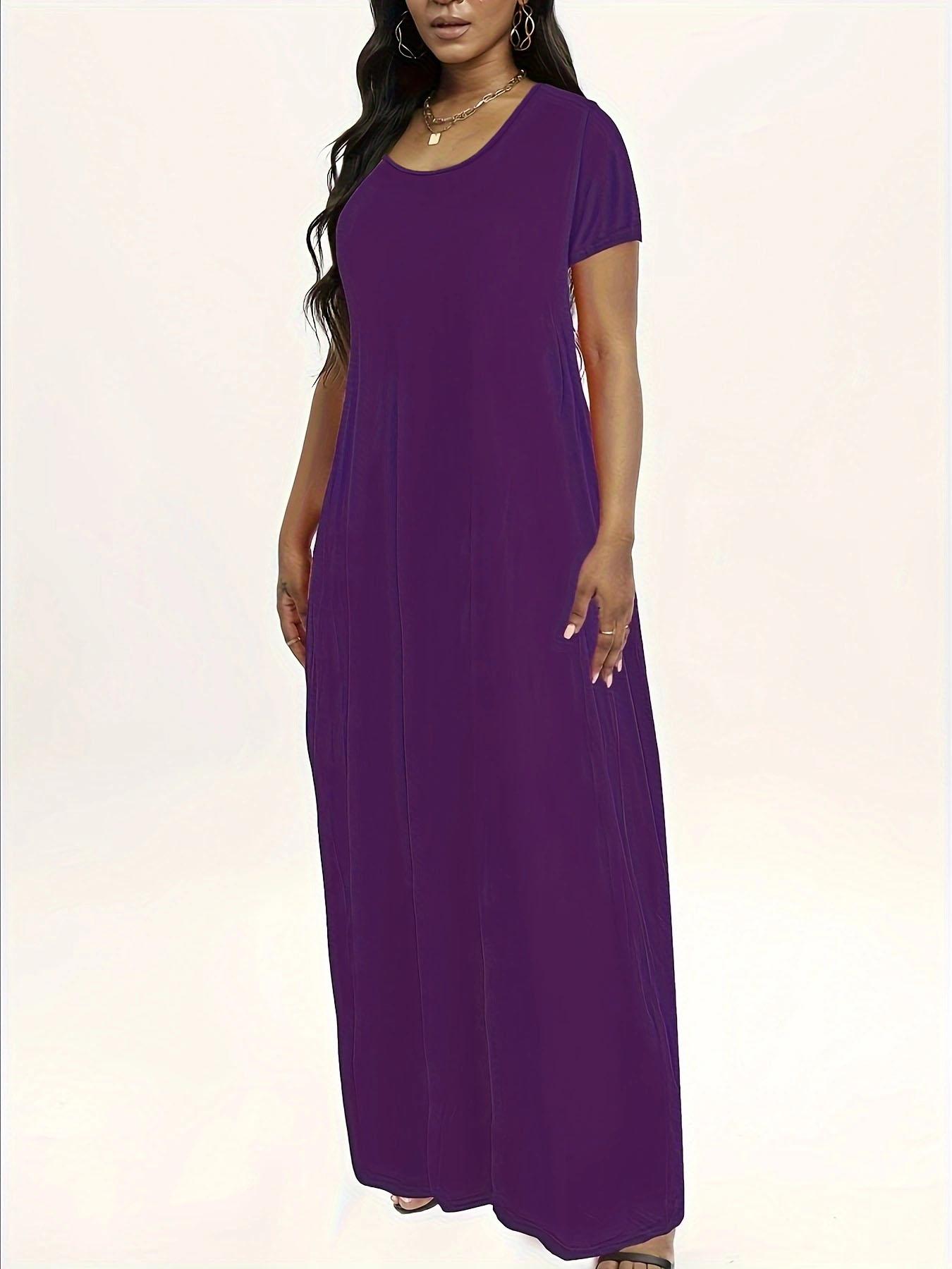 Plus Size Round Neck Short Sleeve Maxi Dress, Loose Flowy Hem, Curvy Friendly Long Dress