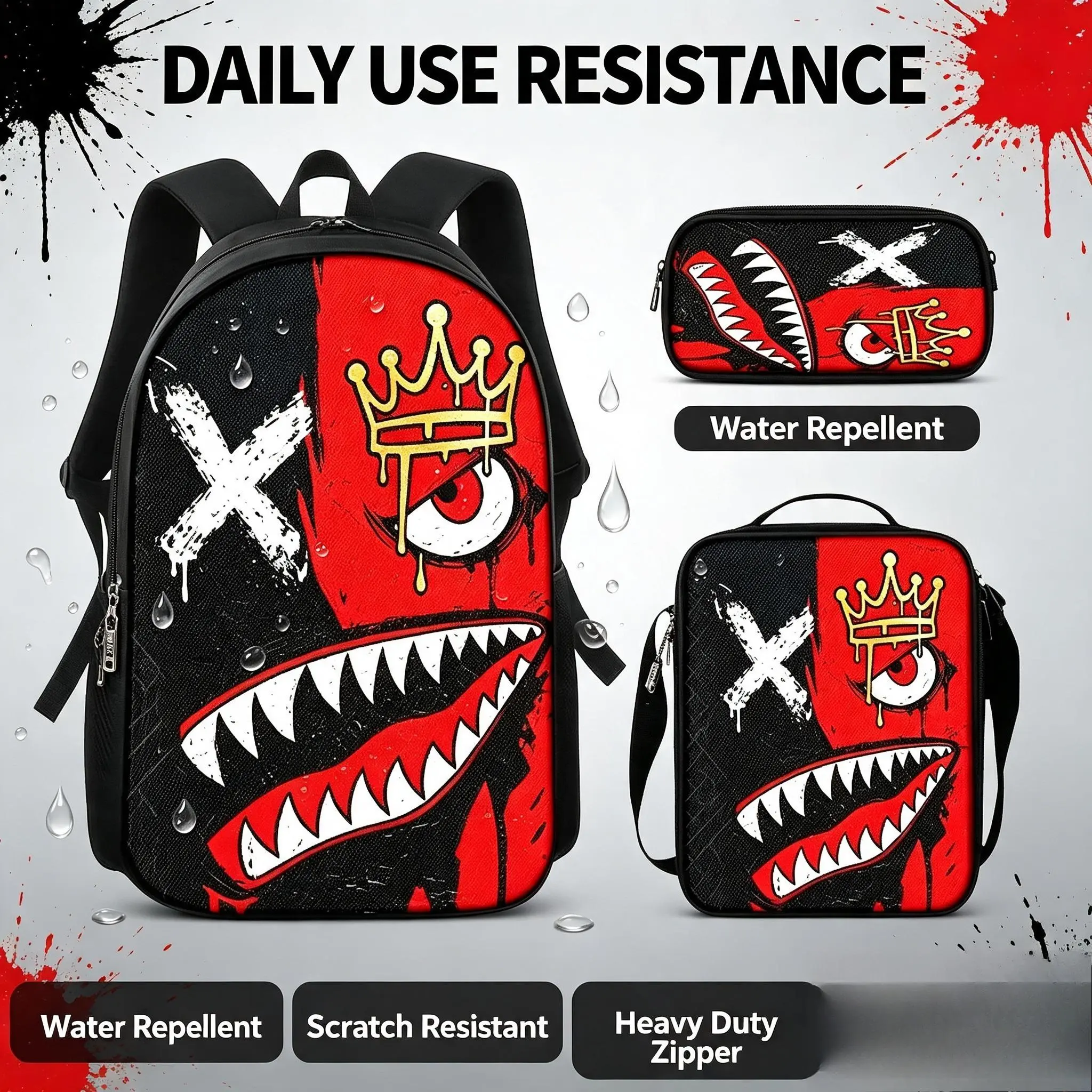 Street-style set (1, 2, or 3-piece options—includes backpack, lunch bag, and pencil case) featuring a red-and-black shark-mouth pattern and a gold crown "X" logo; includes adjustable straps and zipper closures—perfect for the back-to-school season., Stree
