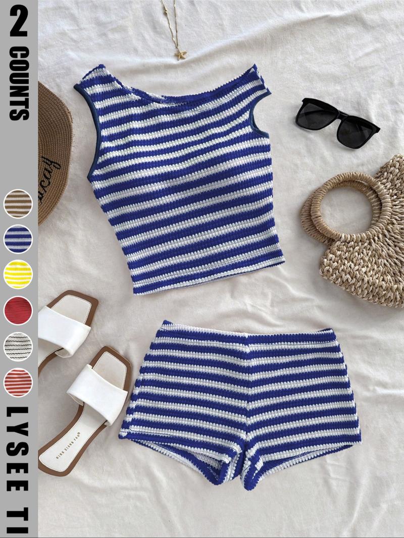 Women's Striped Pattern Asymmetrical Top & Shorts Set without Accessories, Casual Sleeveless Top & Shorts, Ladies Summer