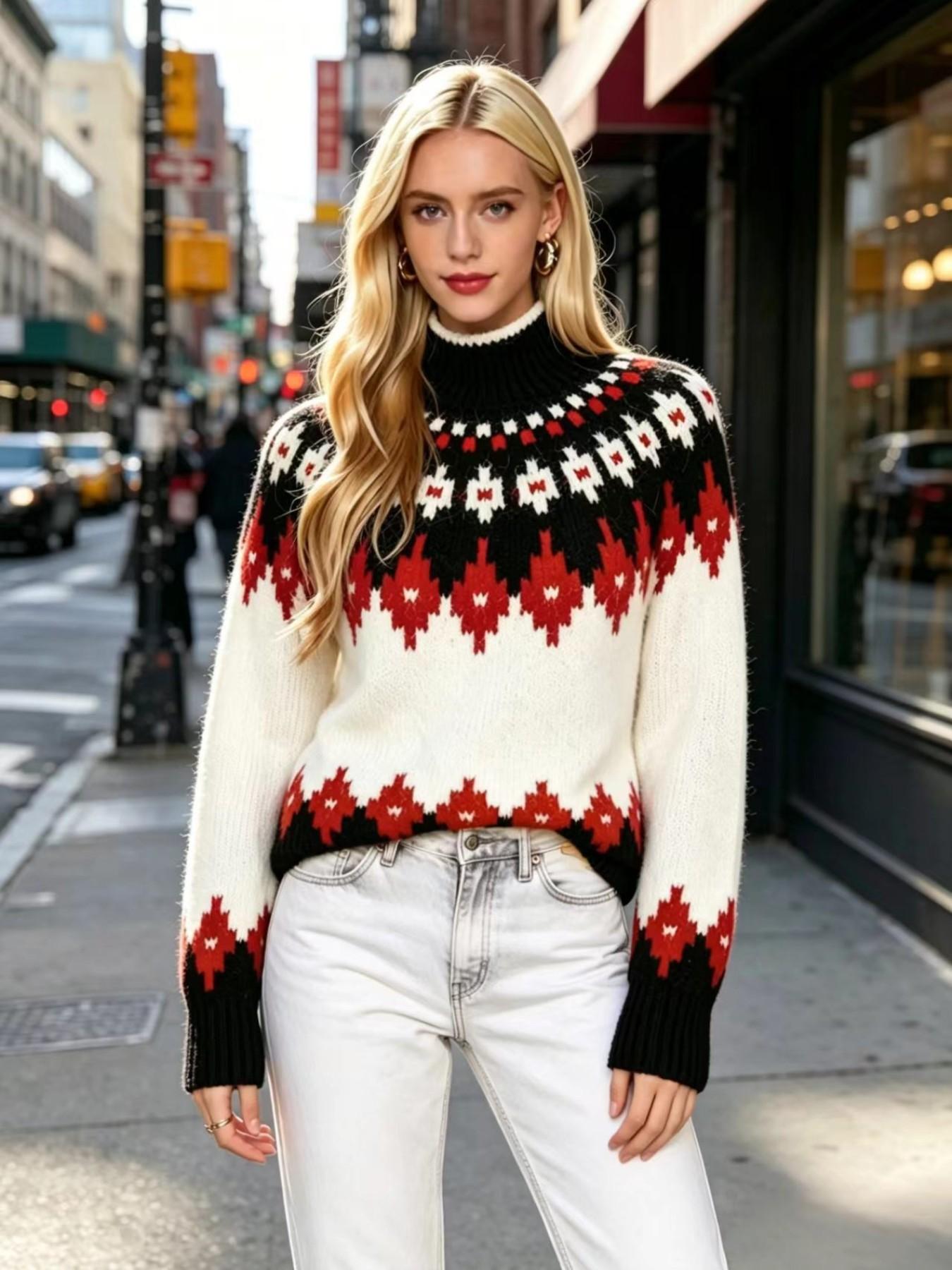 Vintage Women's Knit Patchwork Pullover Sweater, Warm Fuzzy Fabric, Half High Neck Long Sleeve, Fall Winter Casual Commute Daily Wear, Knitwear