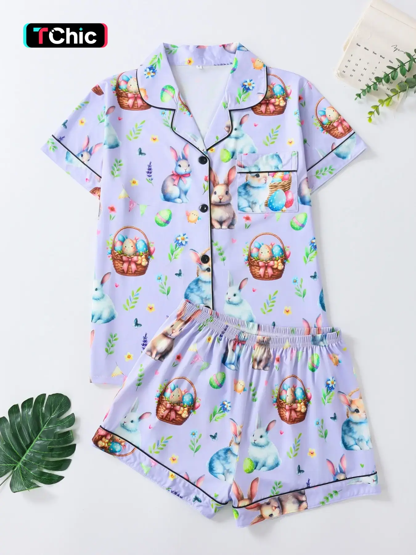 Easter Bunny Egg Basket Cartoon Print Women's Pajamas Pjs, Fitted Short Sleeve Top + Loose Comfortable Shorts, Casual Home Sleepwear Set Loungewear Button