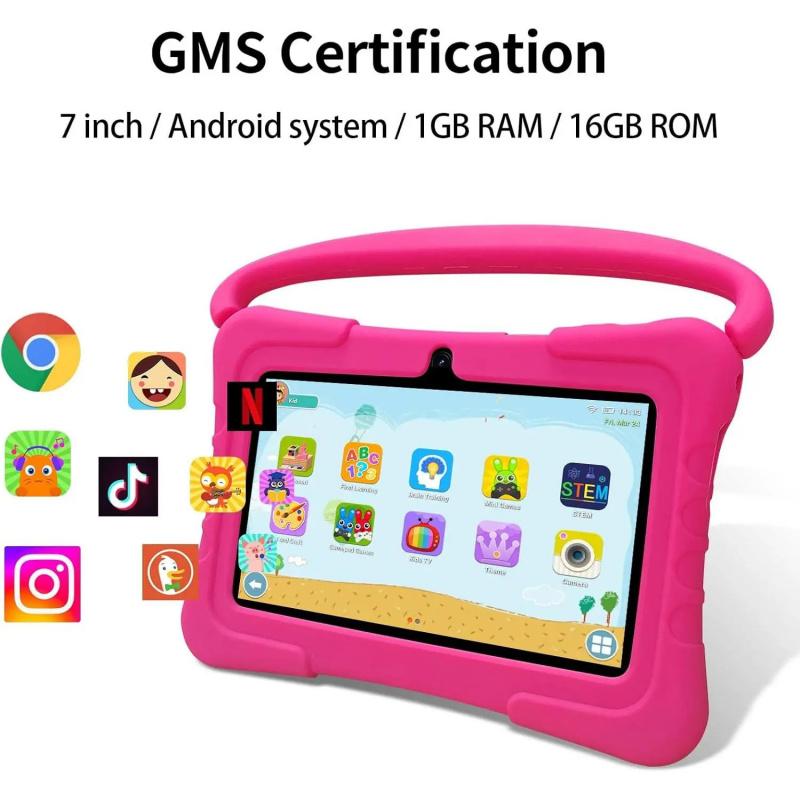 7-inch Android tablet with shockproof protective case, 1GB + 16GB, Wi-Fi, parental controls, dual cameras, Bluetooth tablet, educational, blue/pink, eye protection mode, Student Tablets