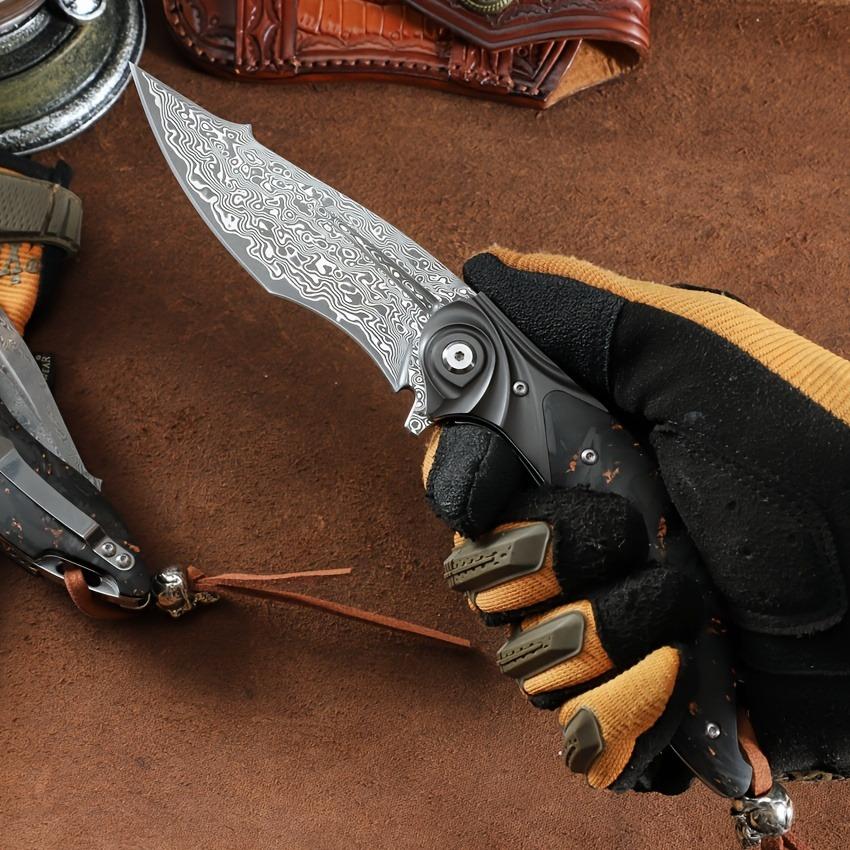 ALVELY Men's Tactical EDC Pocket Knife, Handmade Damascus Steel Folding Pocket Knife with Leather Case, Liner Lock and Charcoal Handle, Pocket Clip, Mountaineering Travel Camping Knife, Rescue Adventure Outdoor Suitable for Carrying