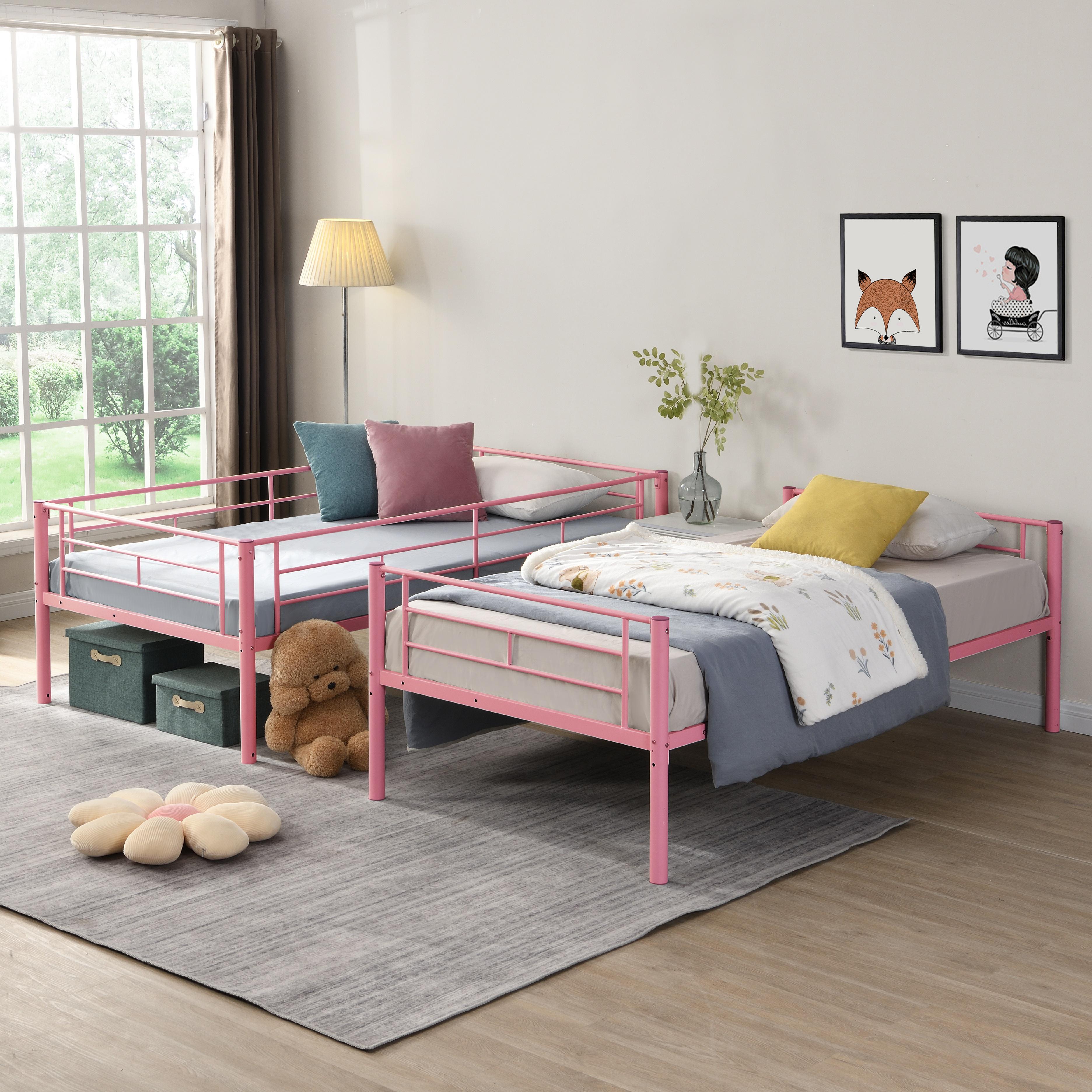 Twin Over Twin Bunk Bed with Built-in Ladder and Safety Guardrail, Heavy Duty Metal Bunkbeds, Convertible Metal Bunk Beds Twin, Space Saving, No Box Spring, Black/White/Pink/Silver
