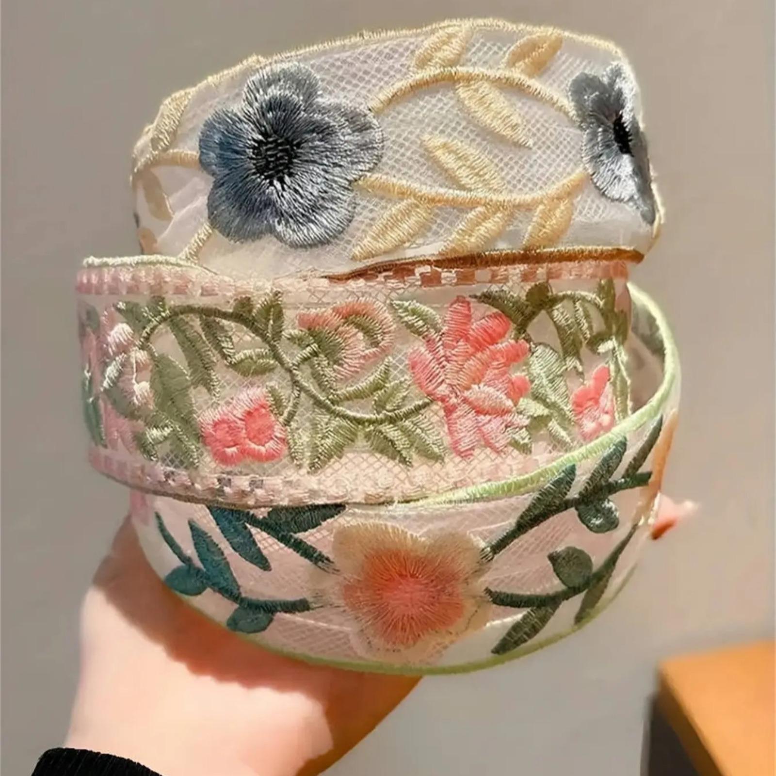 2026 Spring Summer Ethnic Lace Embroidery Floral Wide Headband, Fluffy High Crown Elegant Ruffle Hair Accessories for Girls Women