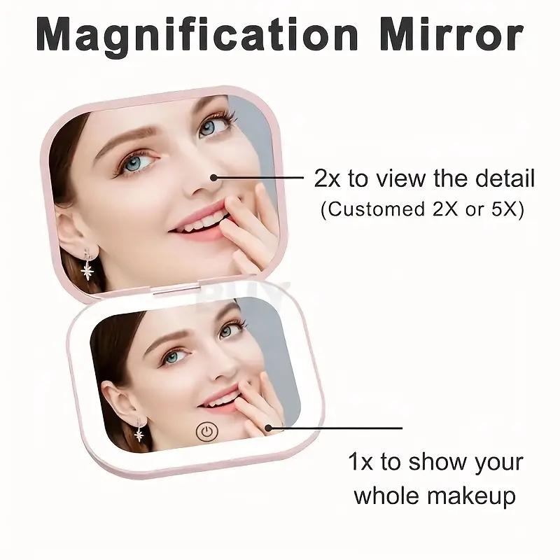 Portable LED Travel Cosmetic Mirror, 1 Count Rechargeable Luminous Compact Cosmetic Mirror, Lighted Makeup Mirror, Double-sided Pocket Mirror for Women & Girls