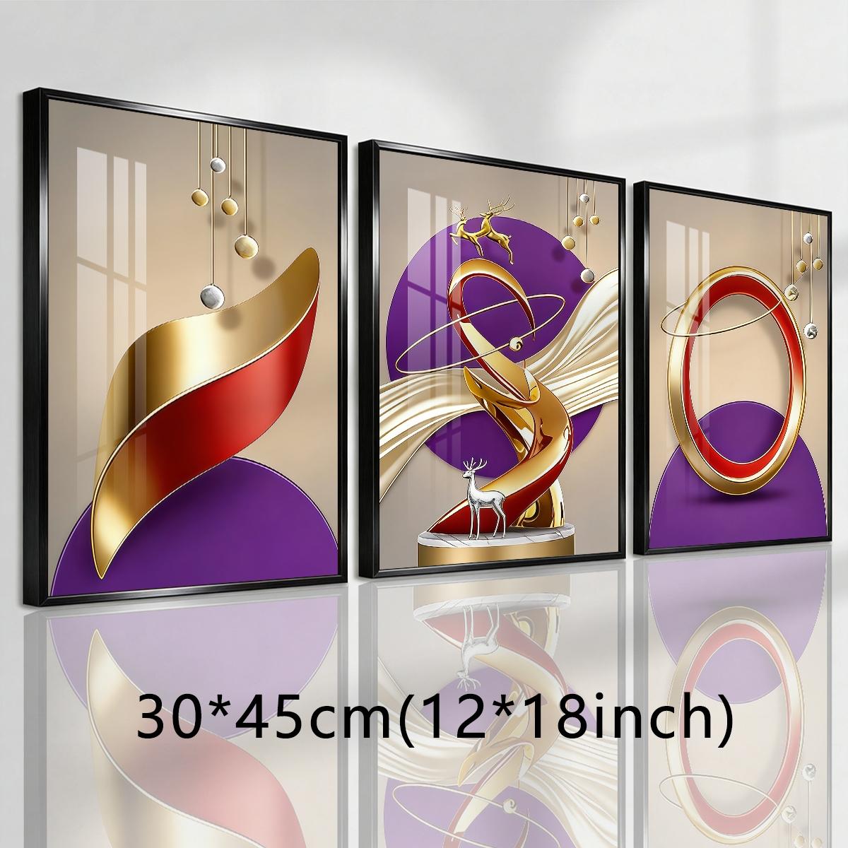3 Counts Aluminum Alloy Framed Painting, Abstract Golden And Red Geometric Shapes With Deer Pictures, Home Decoration For Living Room, Bedroom, Office, Restaurant, Hallway Wall Decor, Odorless Print Artwork, Luxury Perfect Gift For Friends And Family