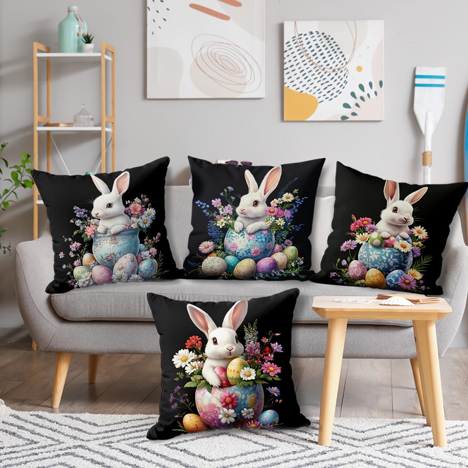 4pcs Soft Easter Throw Pillow Covers Set | Bunny & Egg Designs, Perfect for Sofa, Bed, Office Decor, Contemporary Style, Single-sided Printing, No Pillow Insert