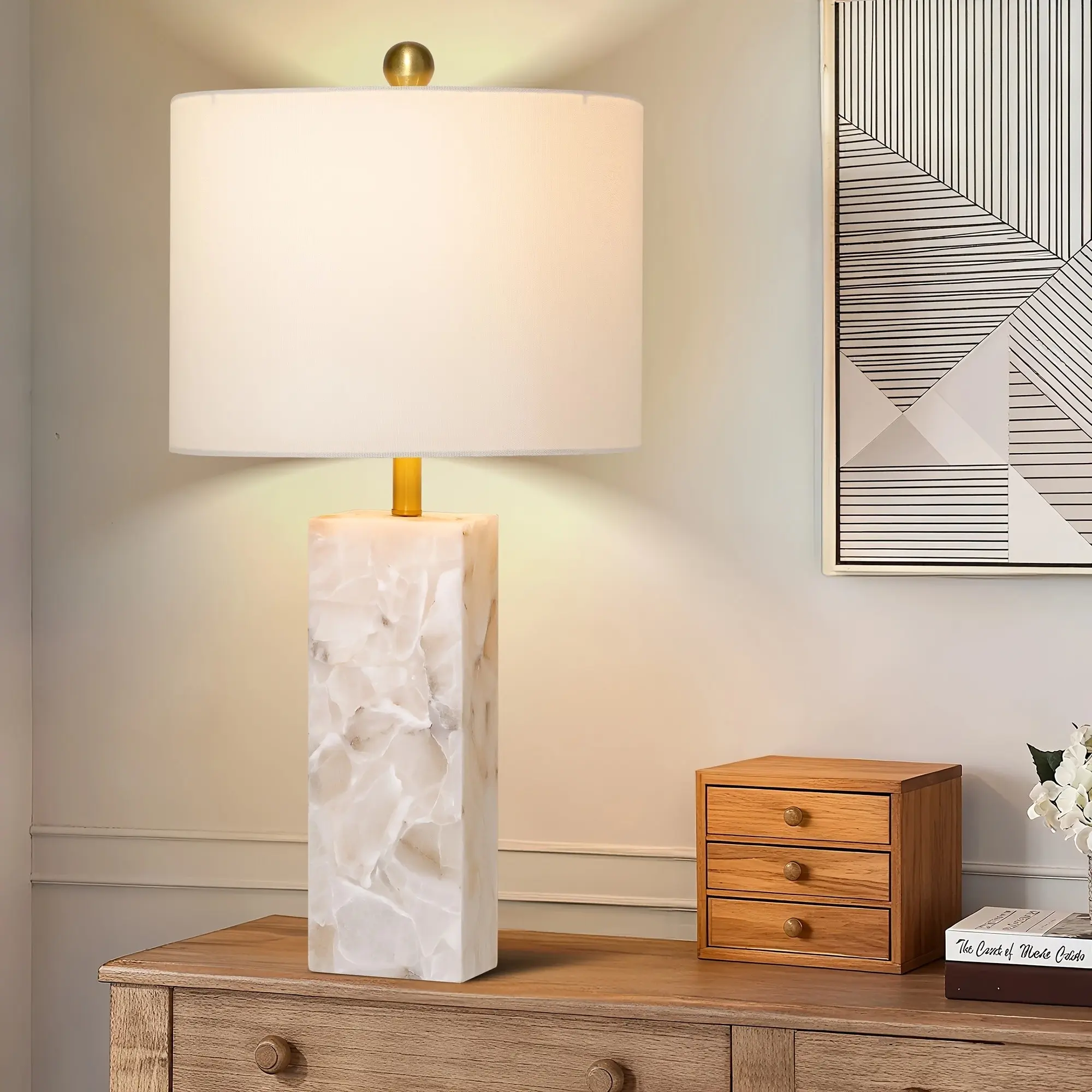 26.5in Alabaster Lamp, Marble Lamp Nightstand Lamp Bedside Desk Lamp With White Linen Lampshade For Bedroom Living Room Office