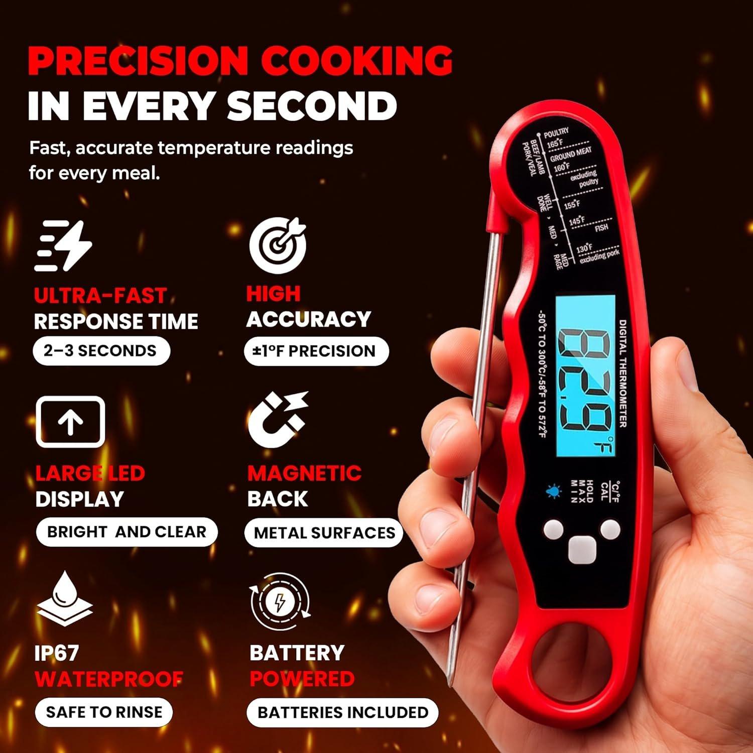 Read Meat Thermometer Digital -  Thermometer for Cooking, Grill, Oven, BBQ - IP67 Rated  - Large Backlit Display and