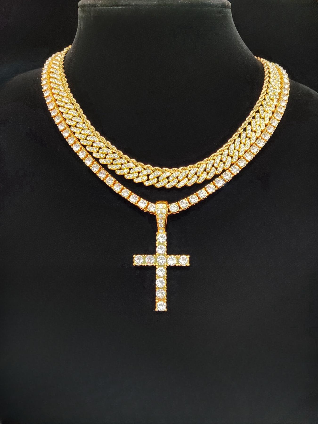 Summer Rhinestone Decor Cuban Link Chain Necklace & Cross Charm Necklace for Men & Women, Punk Style Exquisite Trendy Hip Hop Iced Out Jewelry As Gift