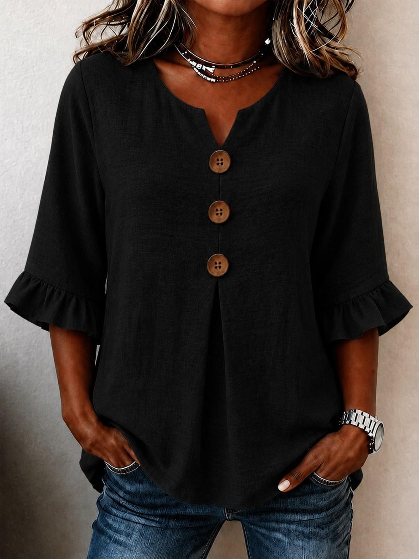 Women's Plus Size Solid V-Neck Shirt, Loose-Fitting Ruffle Sleeve Button-Up Top, Casual Vacation Wear, European and American Style