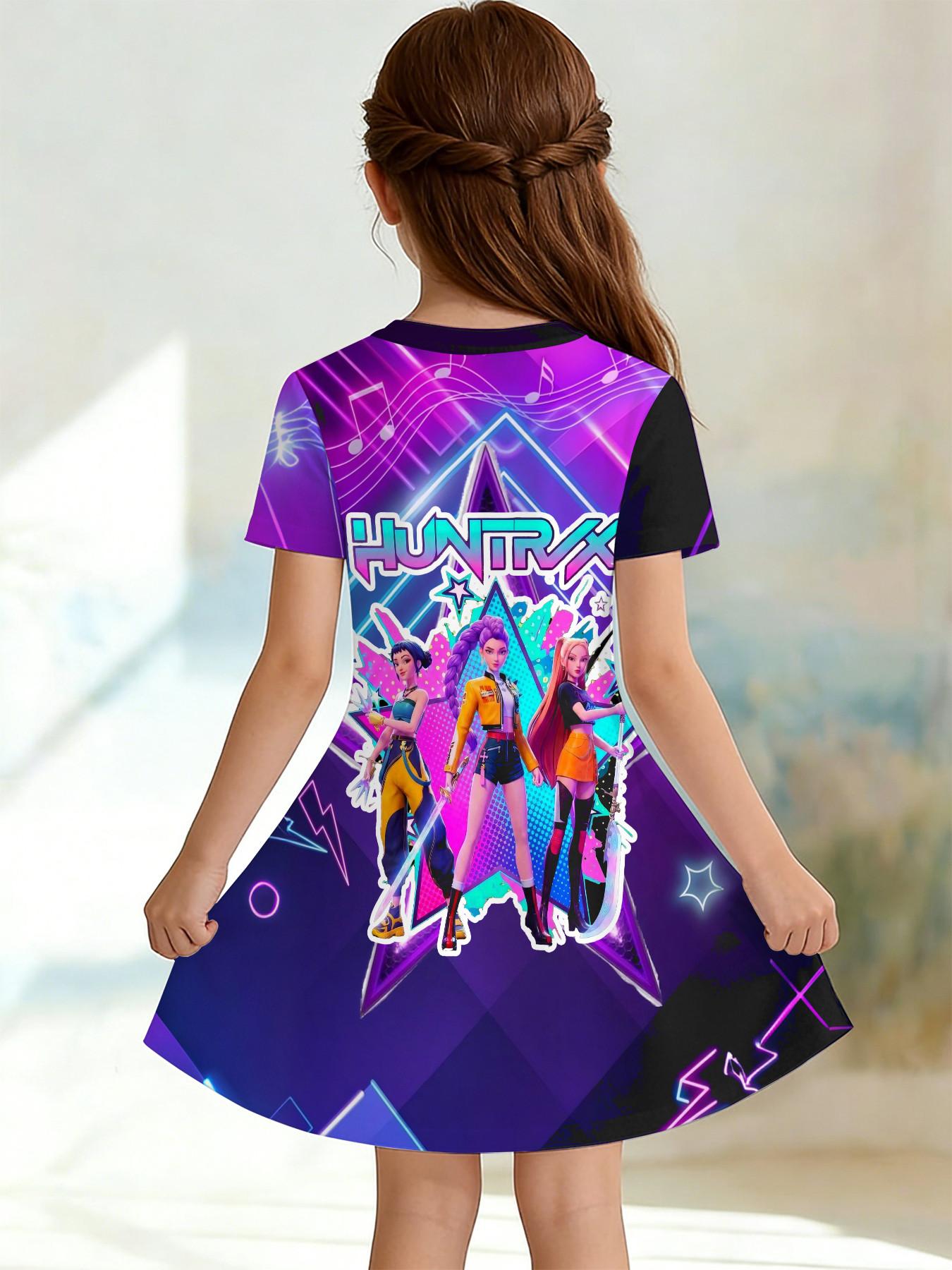 Girls' 3D Short Sleeve Dress, K-Pop Demon Hunters Neon Stage Print, Summer Party Wear, Perfect for Gifts and Birthdays