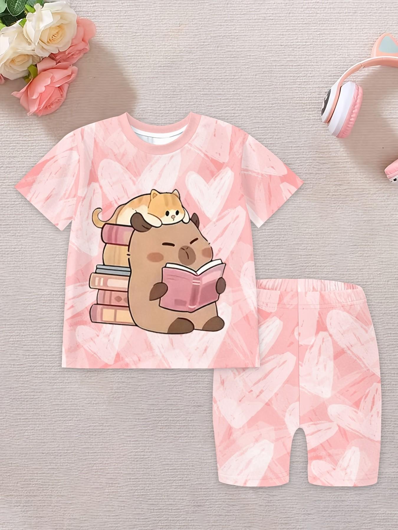 Dopamine Girl Capybara Short Sleeve Cycling Pants Set, Kids Active Casual Streetwear Two-Piece, Fun and Comfortable