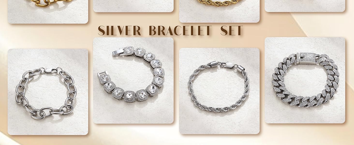 Sanfenly Chunky Gold Silver Bracelets for Women Set 18K Gold Plated Simulated Diamond Tennis Bracelet Rhinestone Cuban Link Chain Bracelet Thick Stainless Steel Punk Bracelet Stack 7&8 Inch