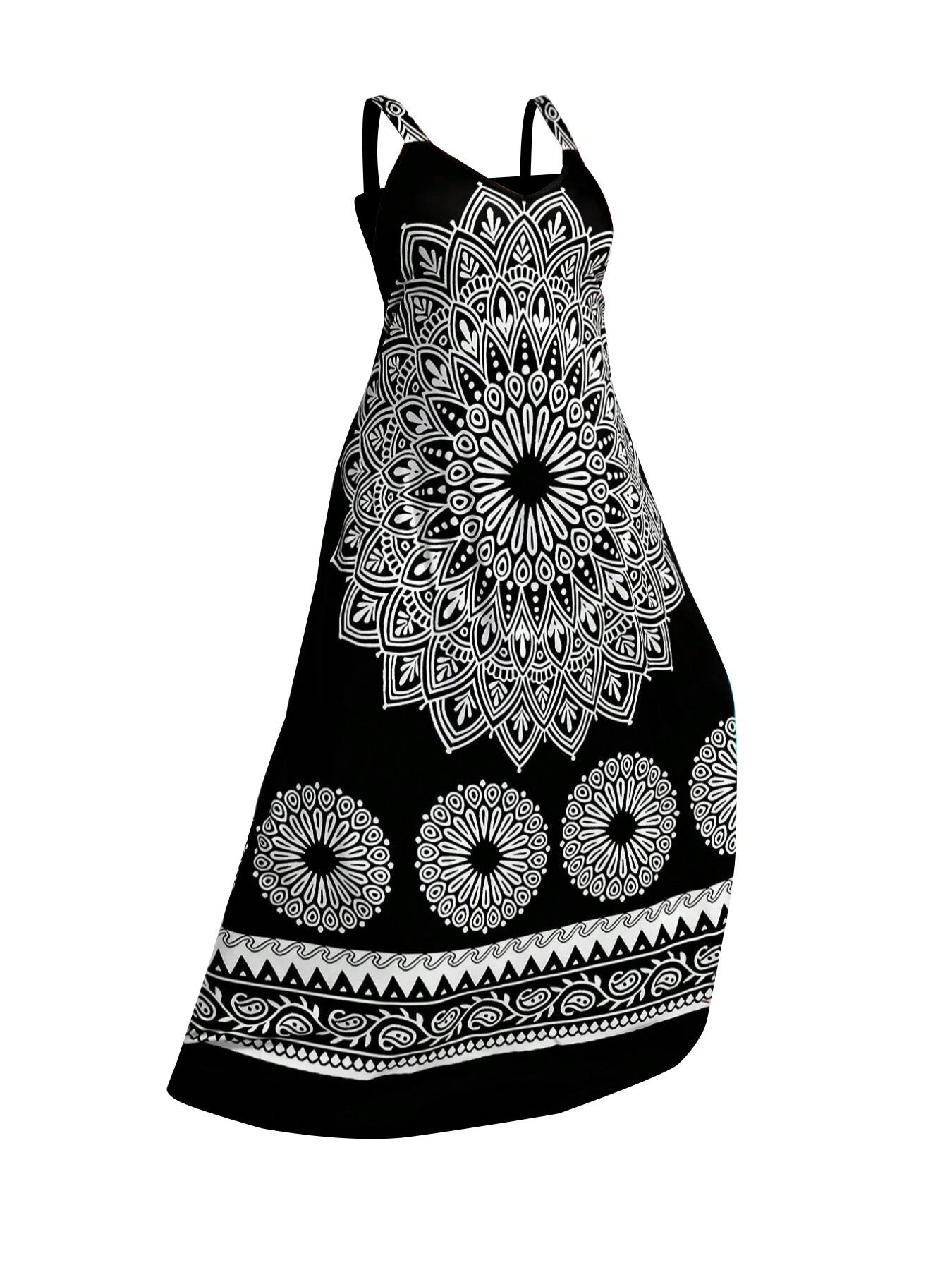 Plus Size Ethnic Pattern Backless Scoop Neck Fitted Cami Dress, Boho Print Dress, Bohemian Style Dresses, Boho Bohemian Fashion Chic Sleeveless Casual A Line Long Dress, Casual Boho Sundress for Beach Holiday Vacation, Women's Plus Clothing for Summer
