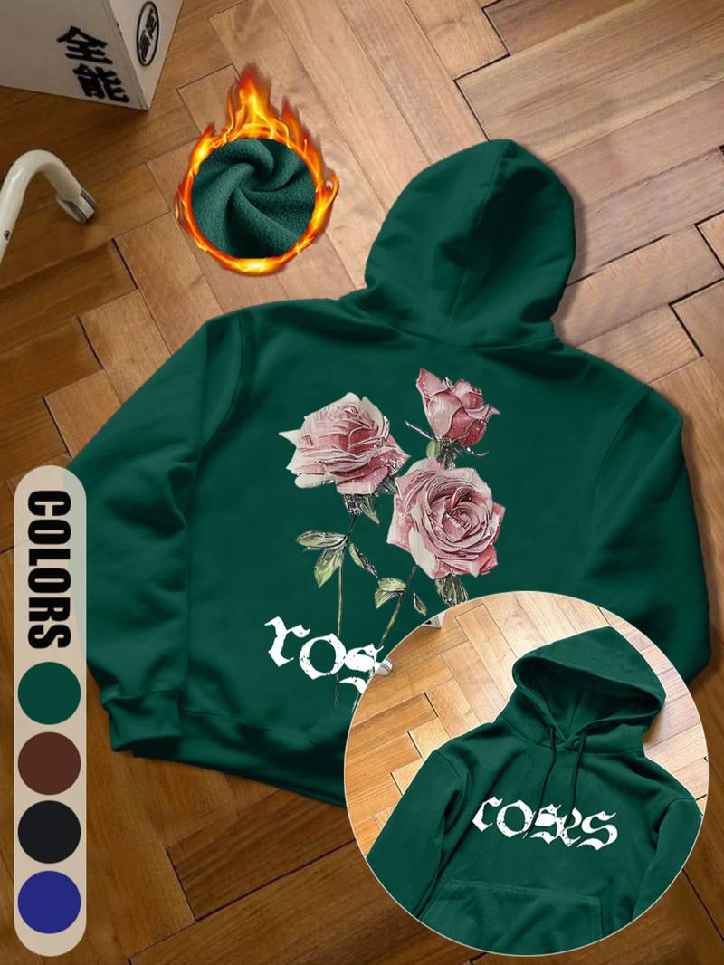 Street Fashion Pink Rose & Letter Print Hoodie - Retro Style Fleece-Lined Hooded Sweatshirt for Men in Colorful Blue/Black/Dark Green/Coffee, Autumn Winter Trendy Casual Pullover