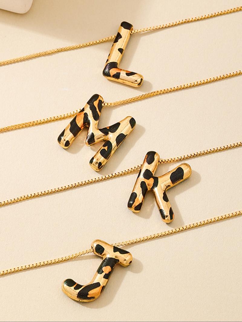 Women's Leopard Print Letter Pendant Necklace, Metal Alphabet Chain Jewelry, Casual Daily Wear Accessory, Perfect Gift Idea, Letters Necklace